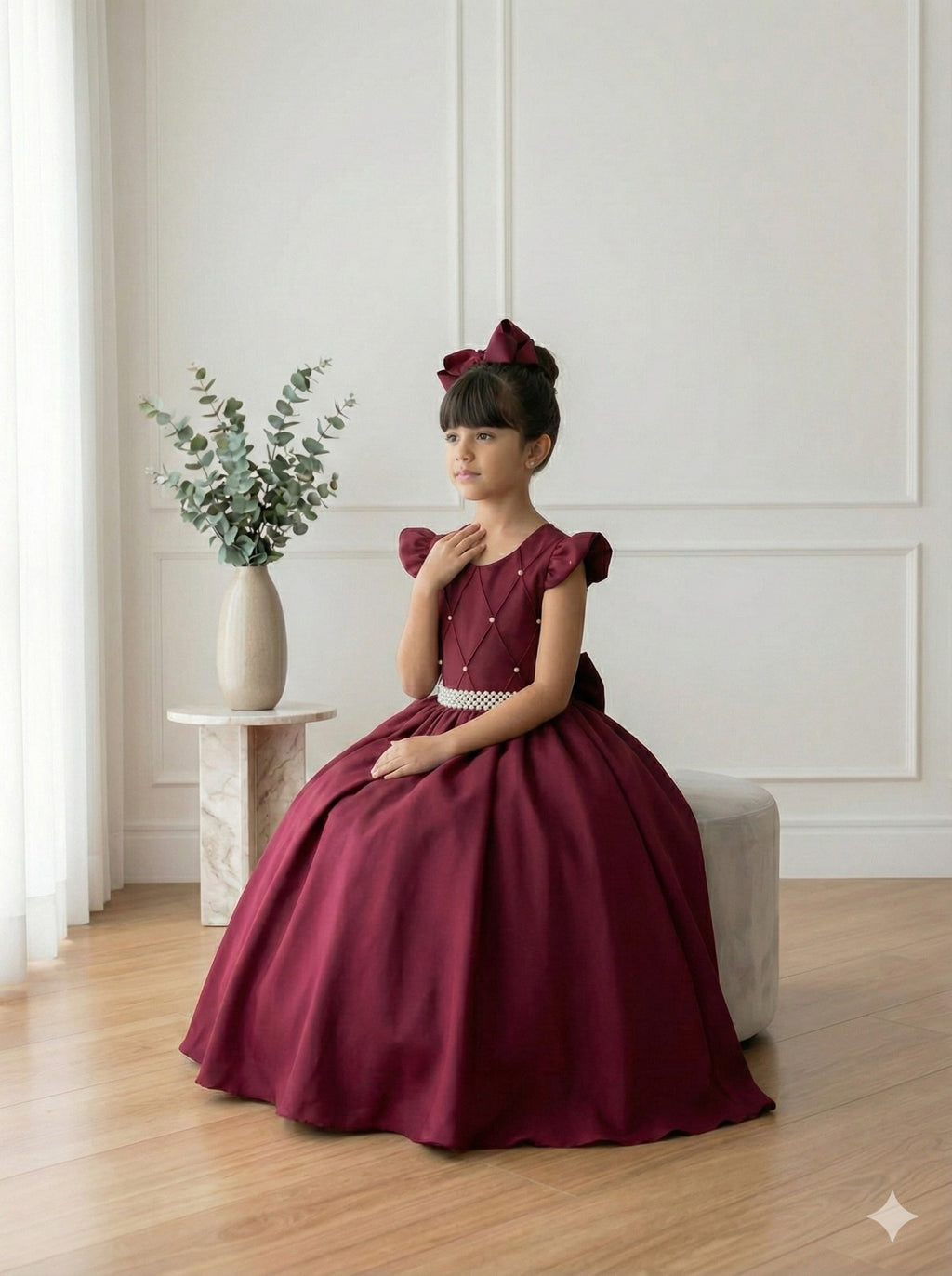 Vestido Longo Marsala em Poliéster com Babado Tule para Festas e Formaturas