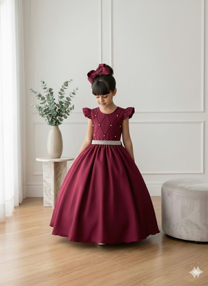 Vestido Longo Marsala em Poliéster com Babado Tule para Festas e Formaturas