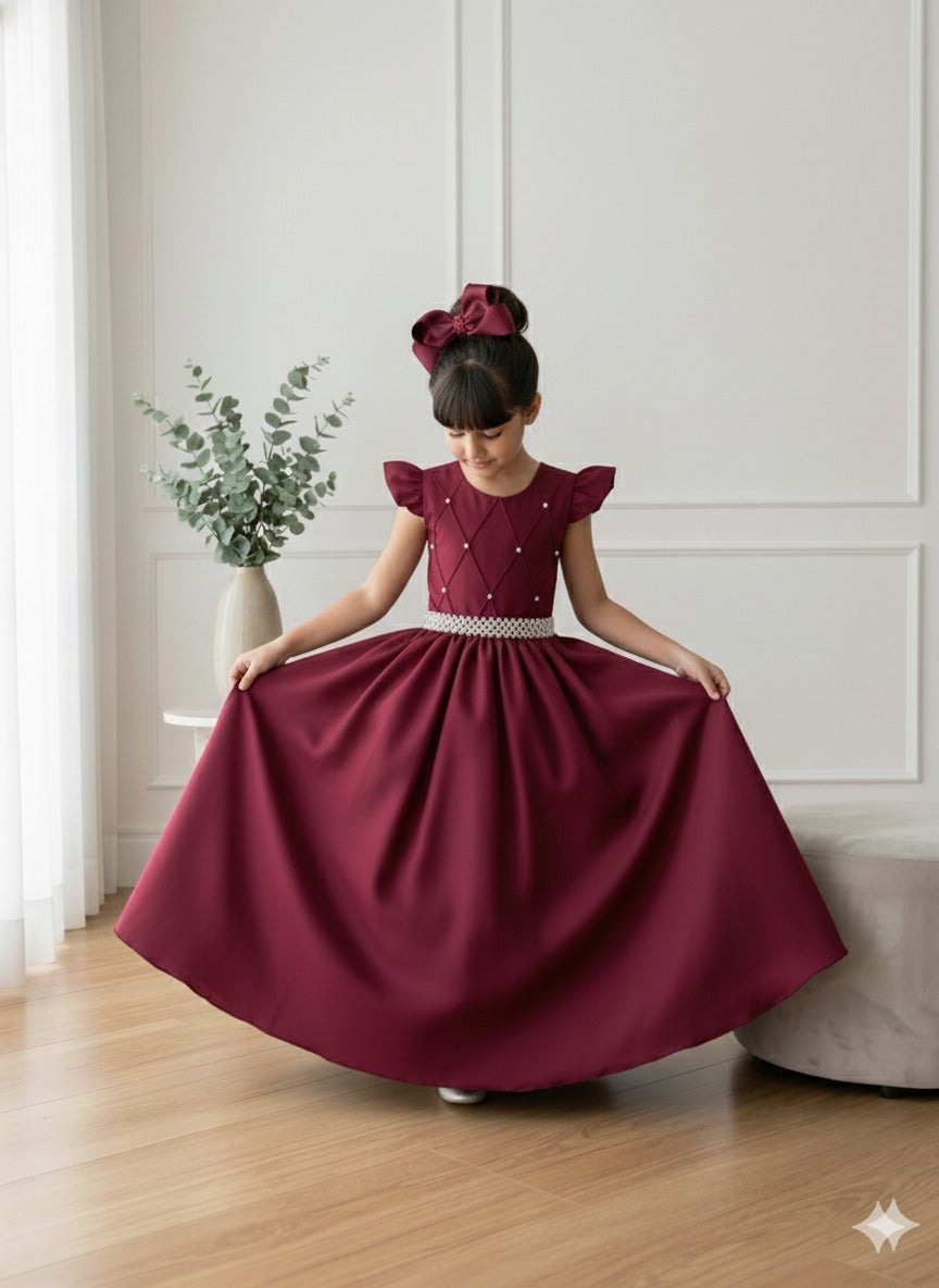 Vestido Longo Marsala em Poliéster com Babado Tule para Festas e Formaturas