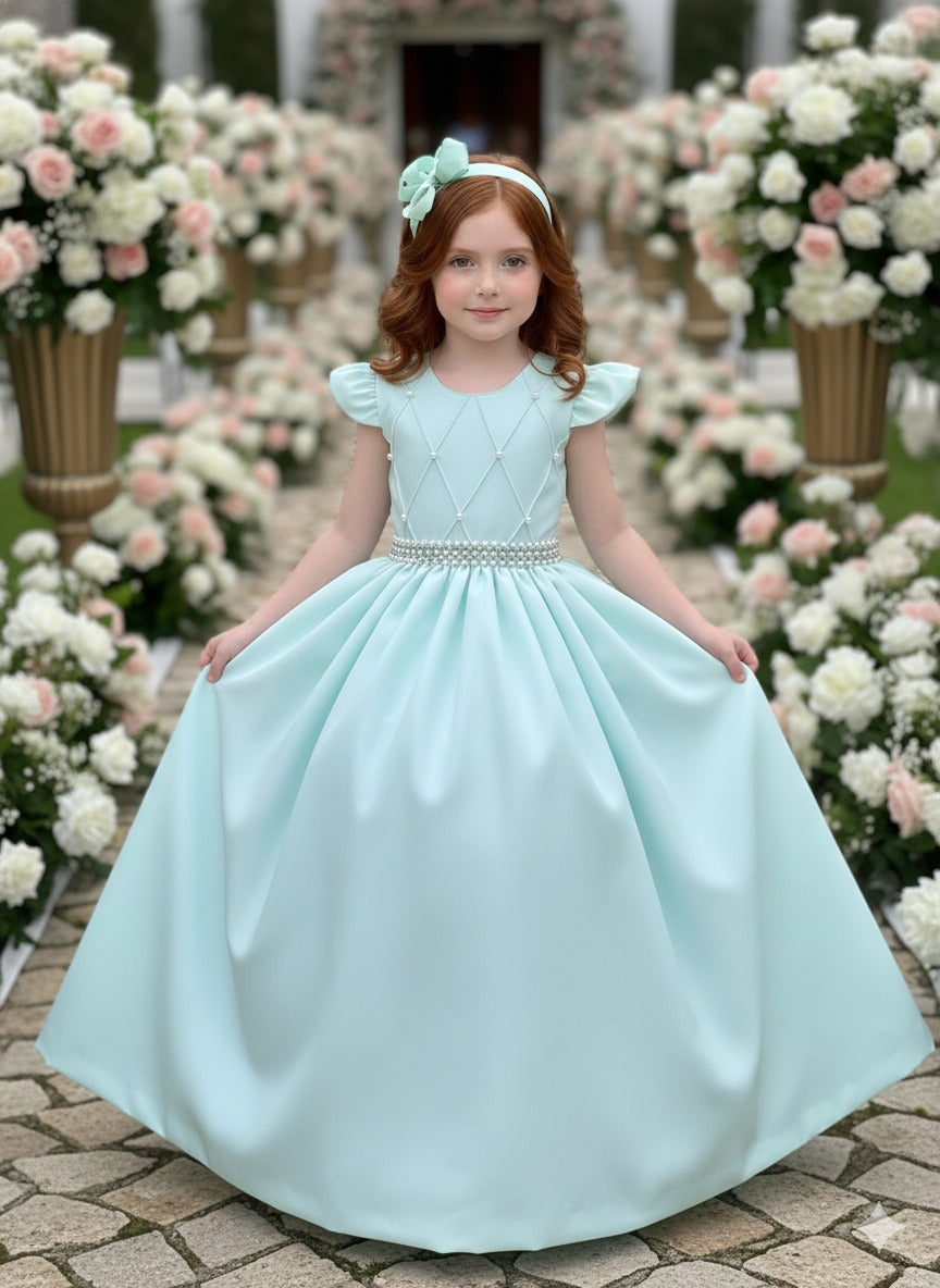 Vestido Longo Verde Porto Fino com Babado em Tule e Cinto