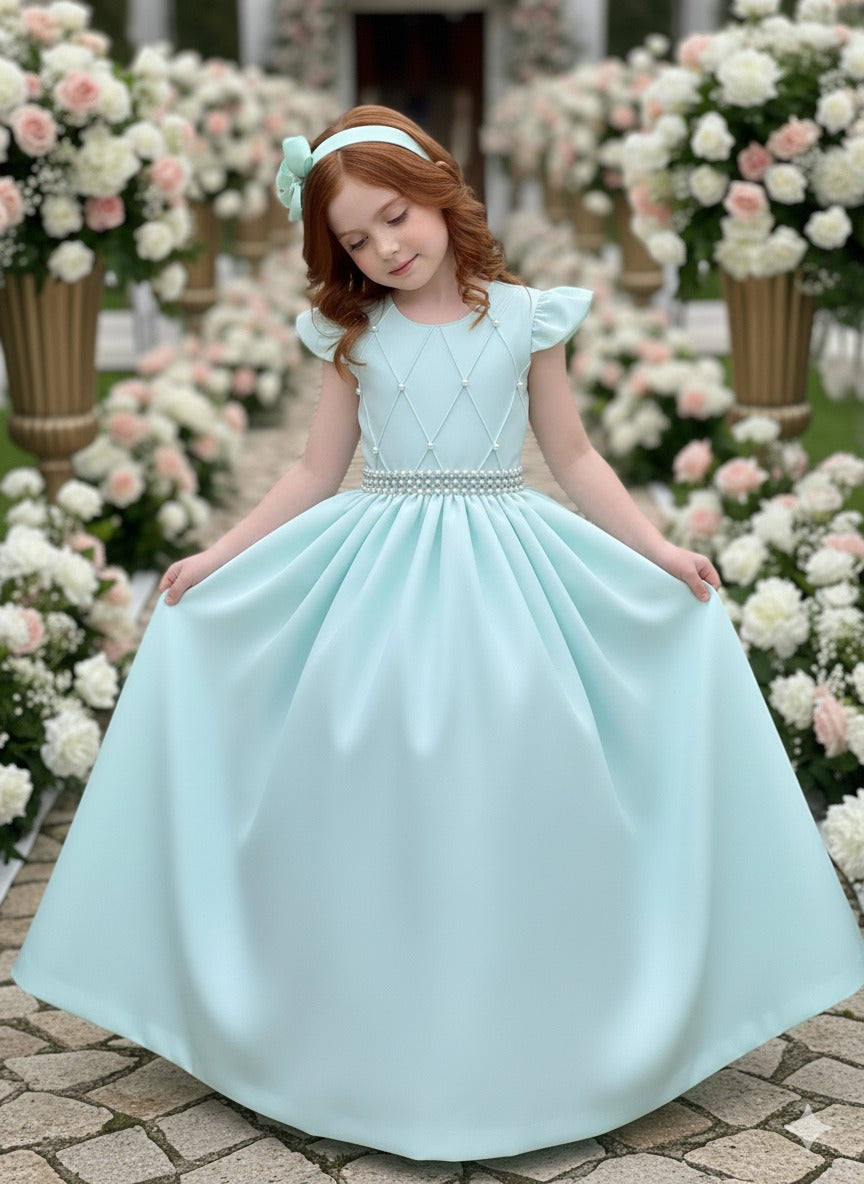 Vestido Longo Verde Porto Fino com Babado em Tule e Cinto
