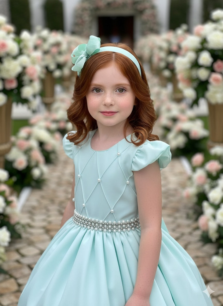 Vestido Longo Verde Porto Fino com Babado em Tule e Cinto