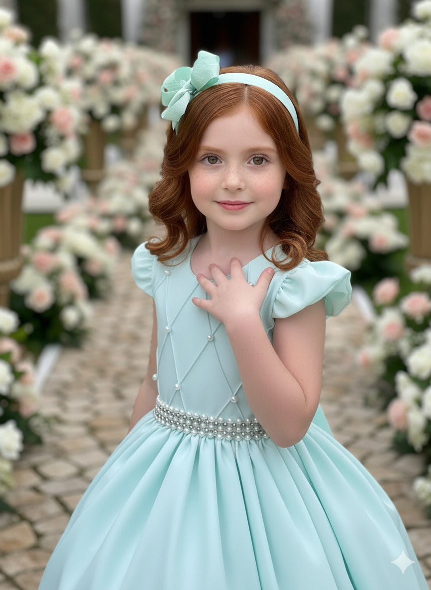Vestido Longo Verde Porto Fino com Babado em Tule e Cinto