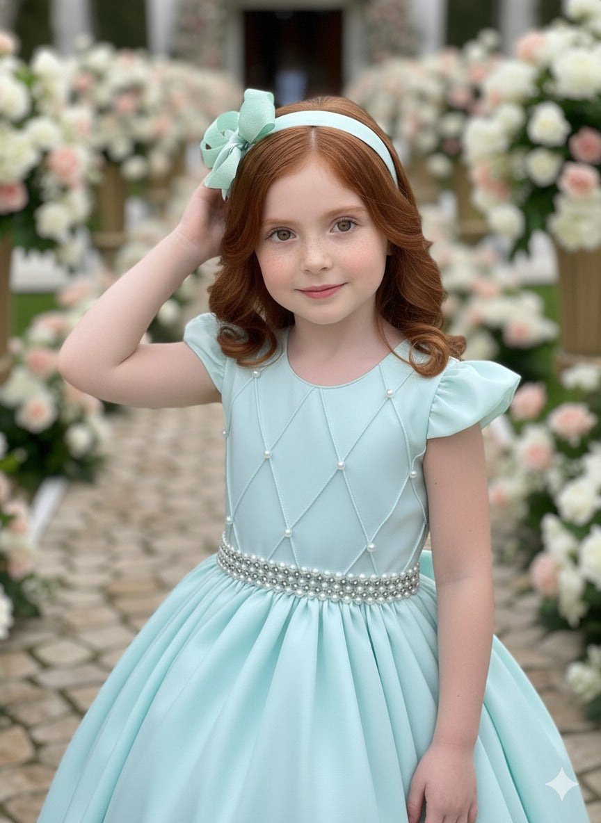 Vestido Longo Verde Porto Fino com Babado em Tule e Cinto