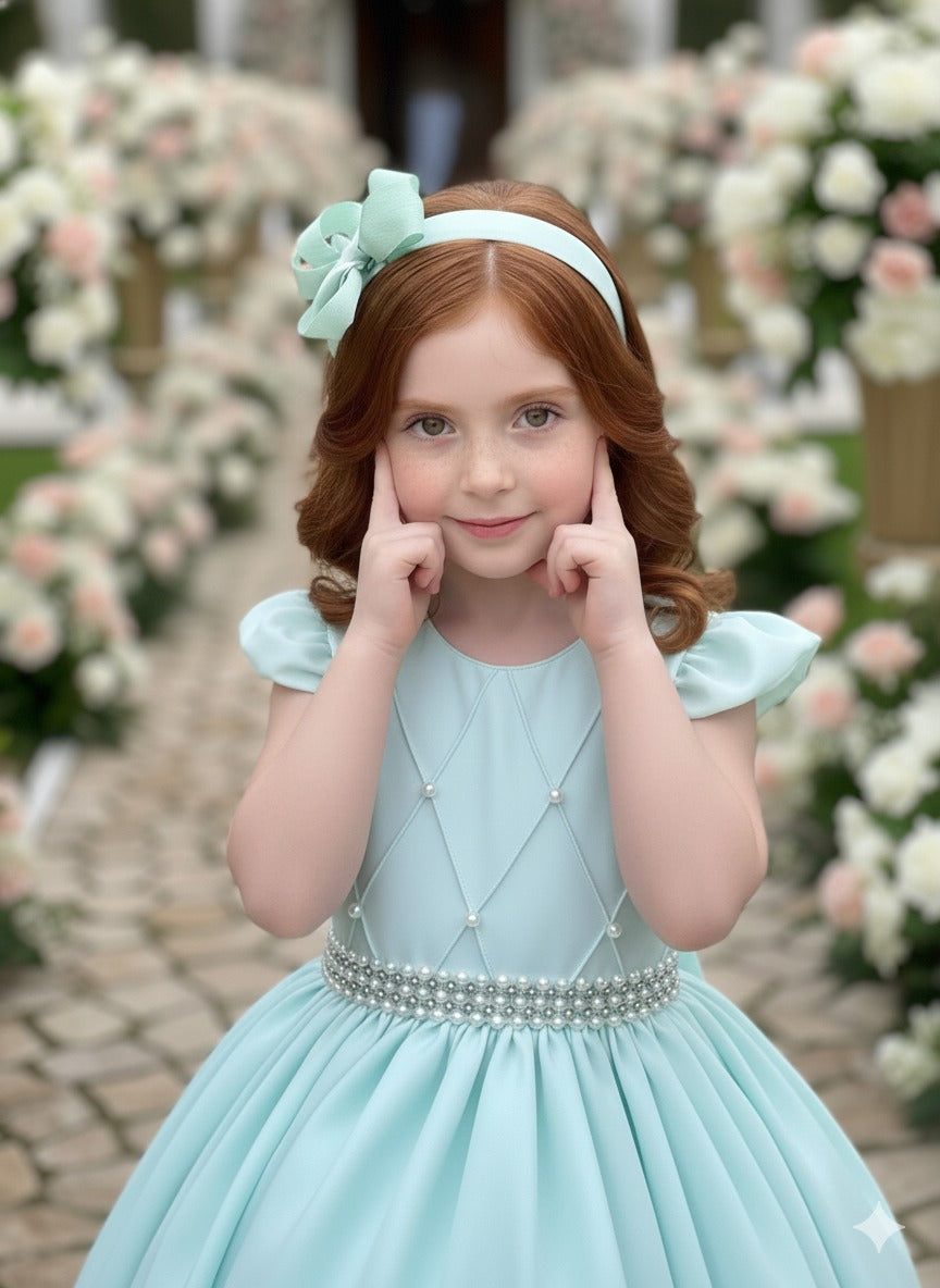 Vestido Longo Verde Porto Fino com Babado em Tule e Cinto