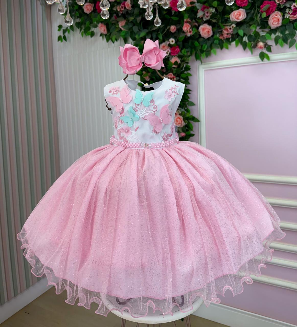 Vestido Infantil de Tecido Misto com Laço e Gola Redonda