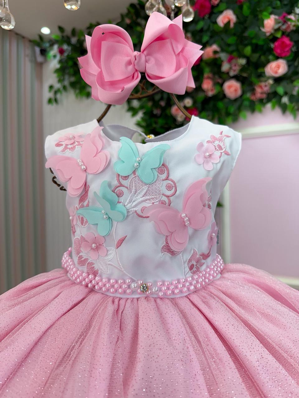 Vestido Infantil de Tecido Misto com Laço e Gola Redonda