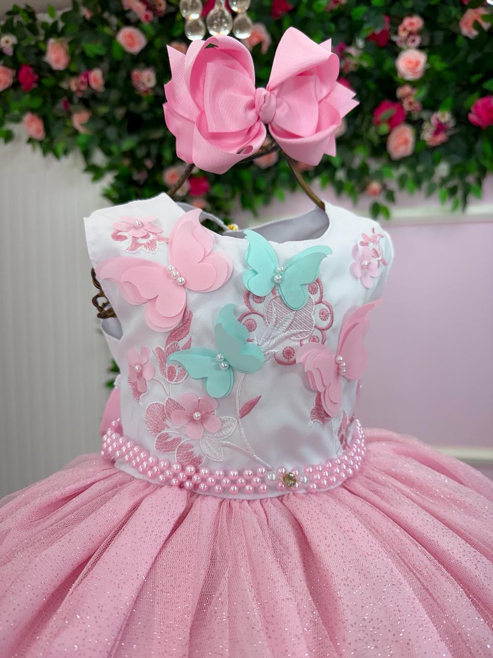 Vestido Infantil de Tecido Misto com Laço e Gola Redonda