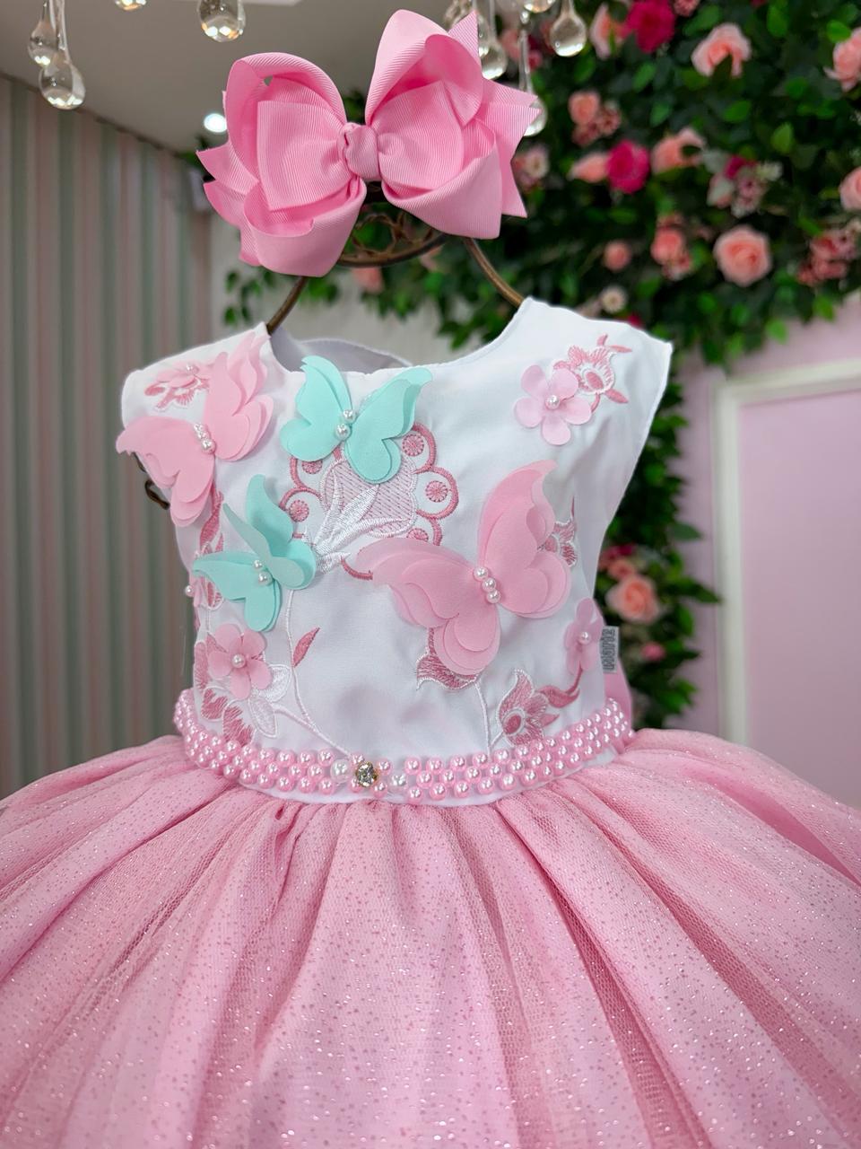 Vestido Infantil de Tecido Misto com Laço e Gola Redonda