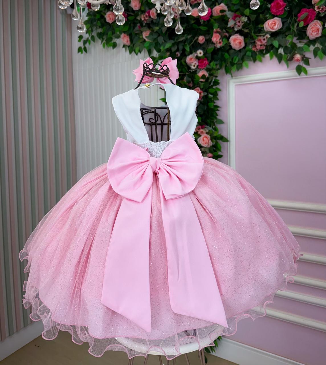 Vestido Infantil de Tecido Misto com Laço e Gola Redonda