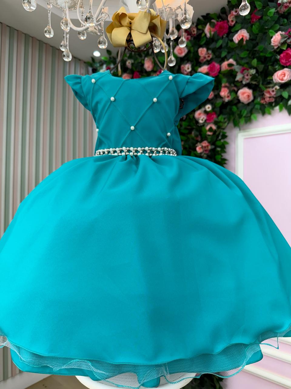 Vestido Infantil Verde Jade com Detalhes em Pérolas e Tule