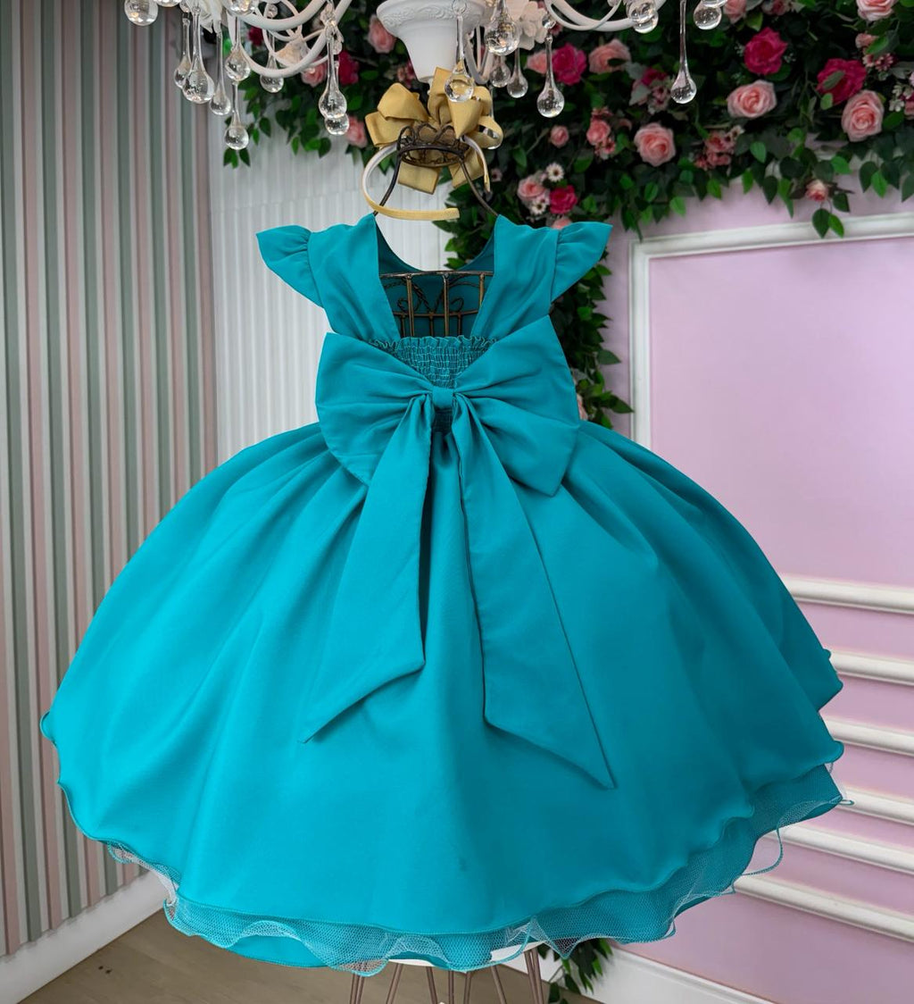 Vestido Infantil Verde Jade com Detalhes em Pérolas e Tule