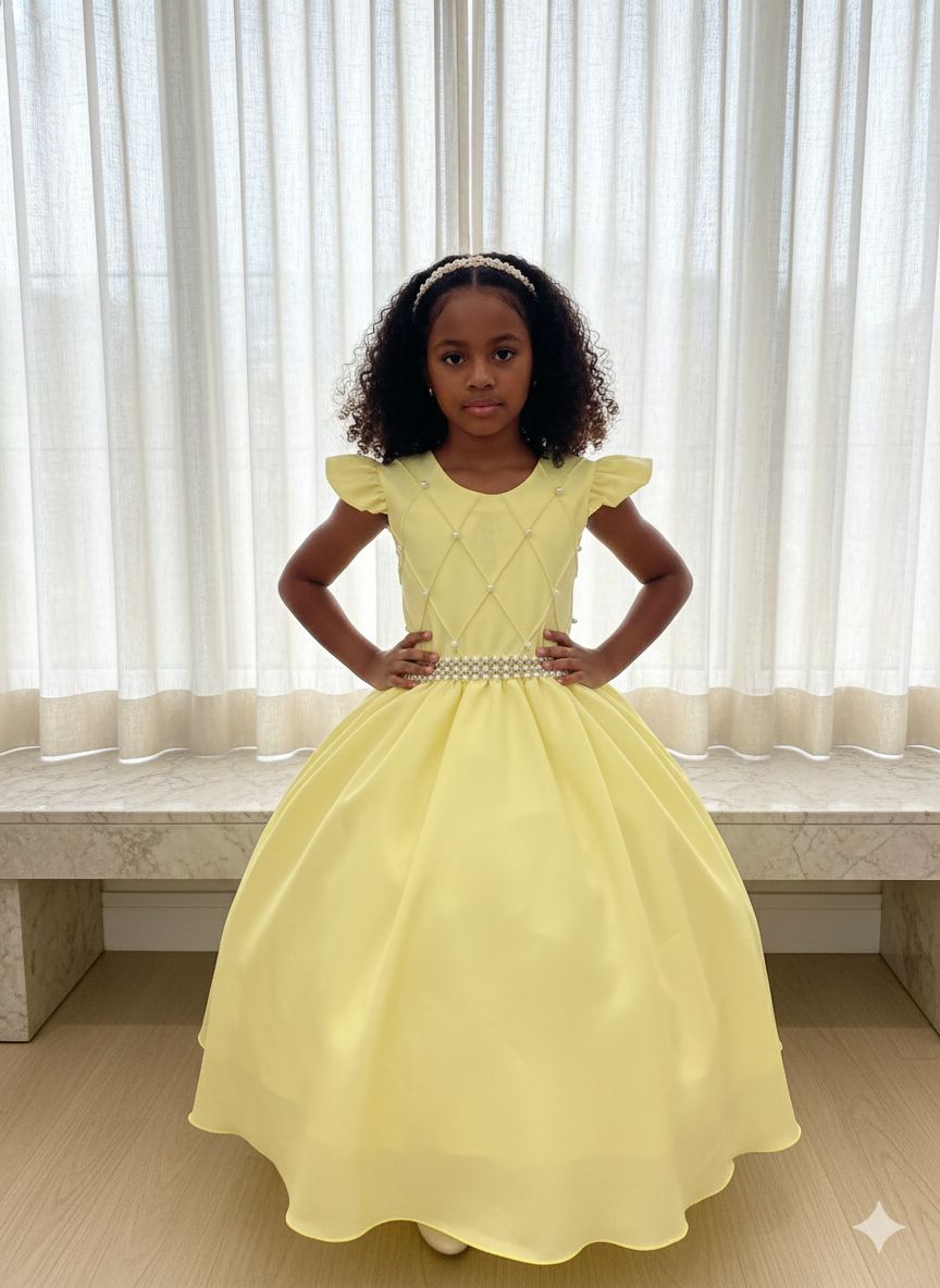 Vestido Longo Amarelo com Babado Tule para Festas e Eventos