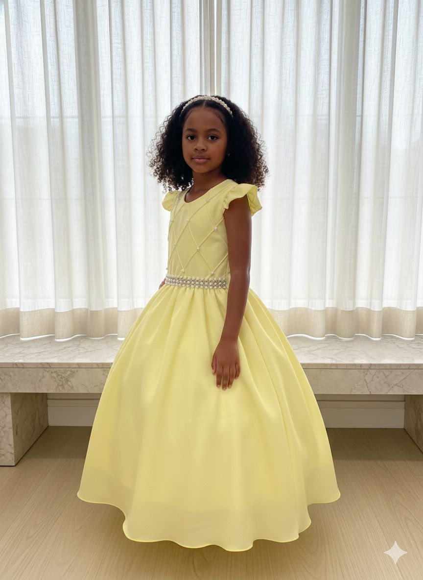 Vestido Longo Amarelo com Babado Tule para Festas e Eventos