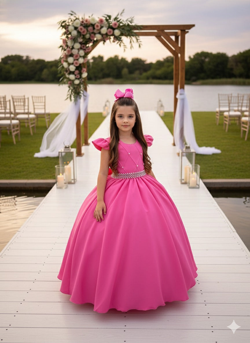 Vestido Longo Rosa Chiclete em Tule e Poliéster para Festas e Formaturas