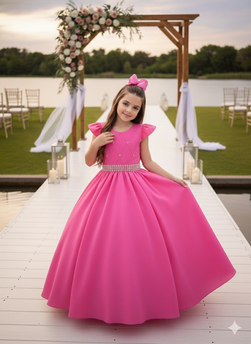 Vestido Longo Rosa Chiclete em Tule e Poliéster para Festas e Formaturas