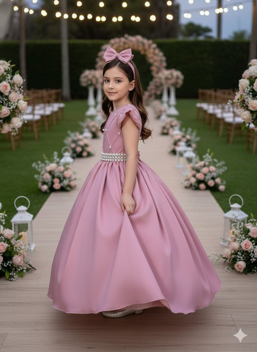 Vestido Longo Rosê em Tule com Babado para Festas e Formaturas