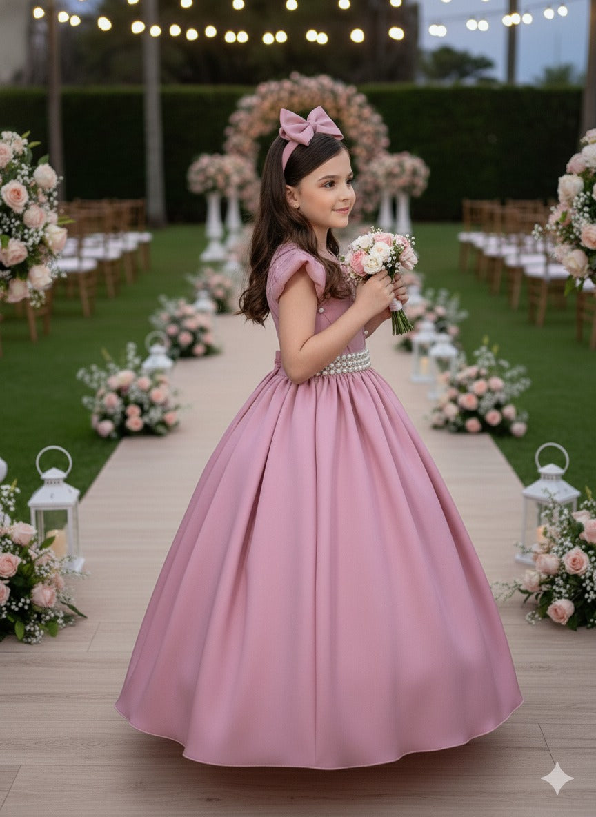 Vestido Longo Rosê em Tule com Babado para Festas e Formaturas