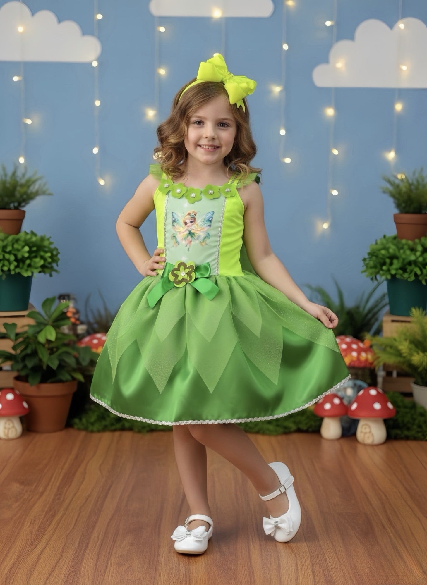 Fantasia Fada Verde Infantil em Cetim com Tule Brilho para Festas