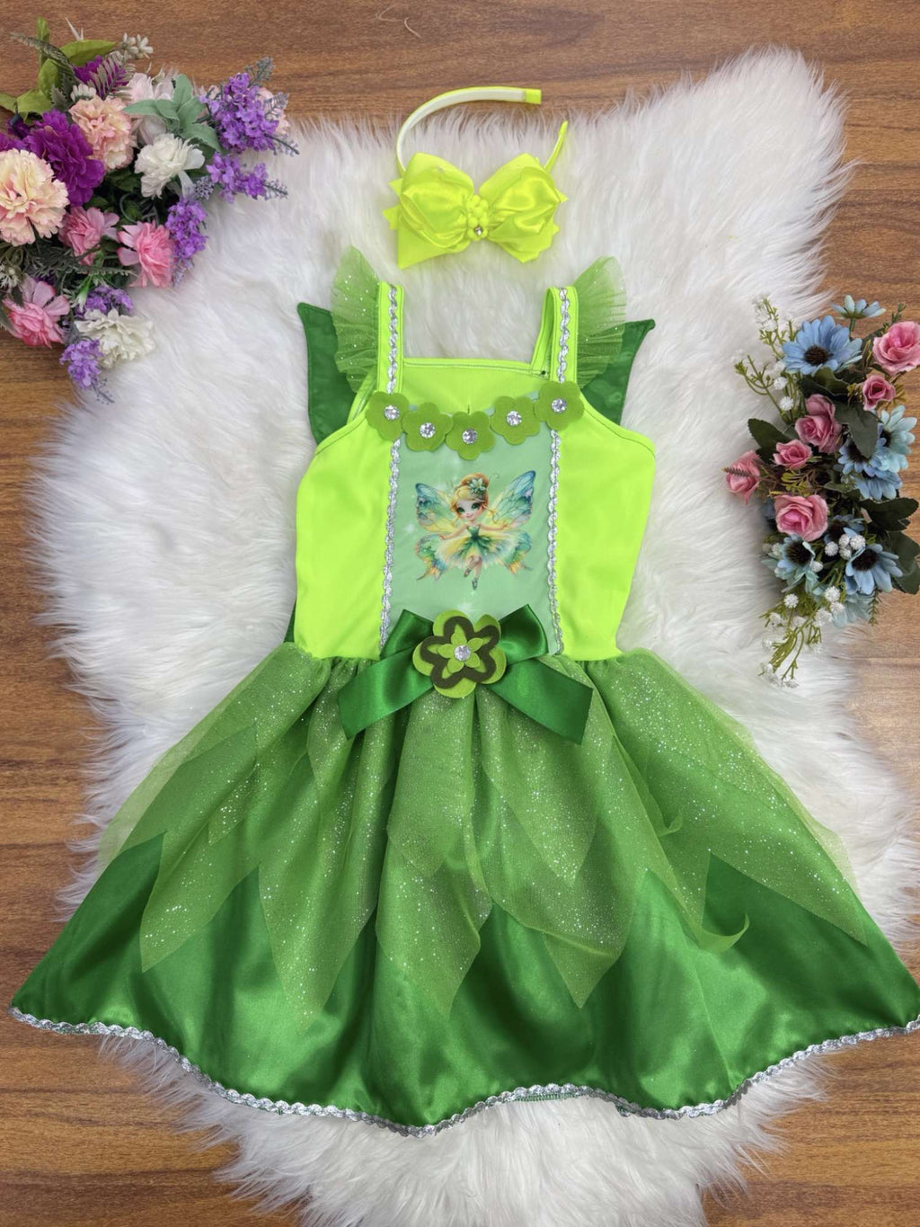 Fantasia Fada Verde Infantil em Cetim com Tule Brilho para Festas
