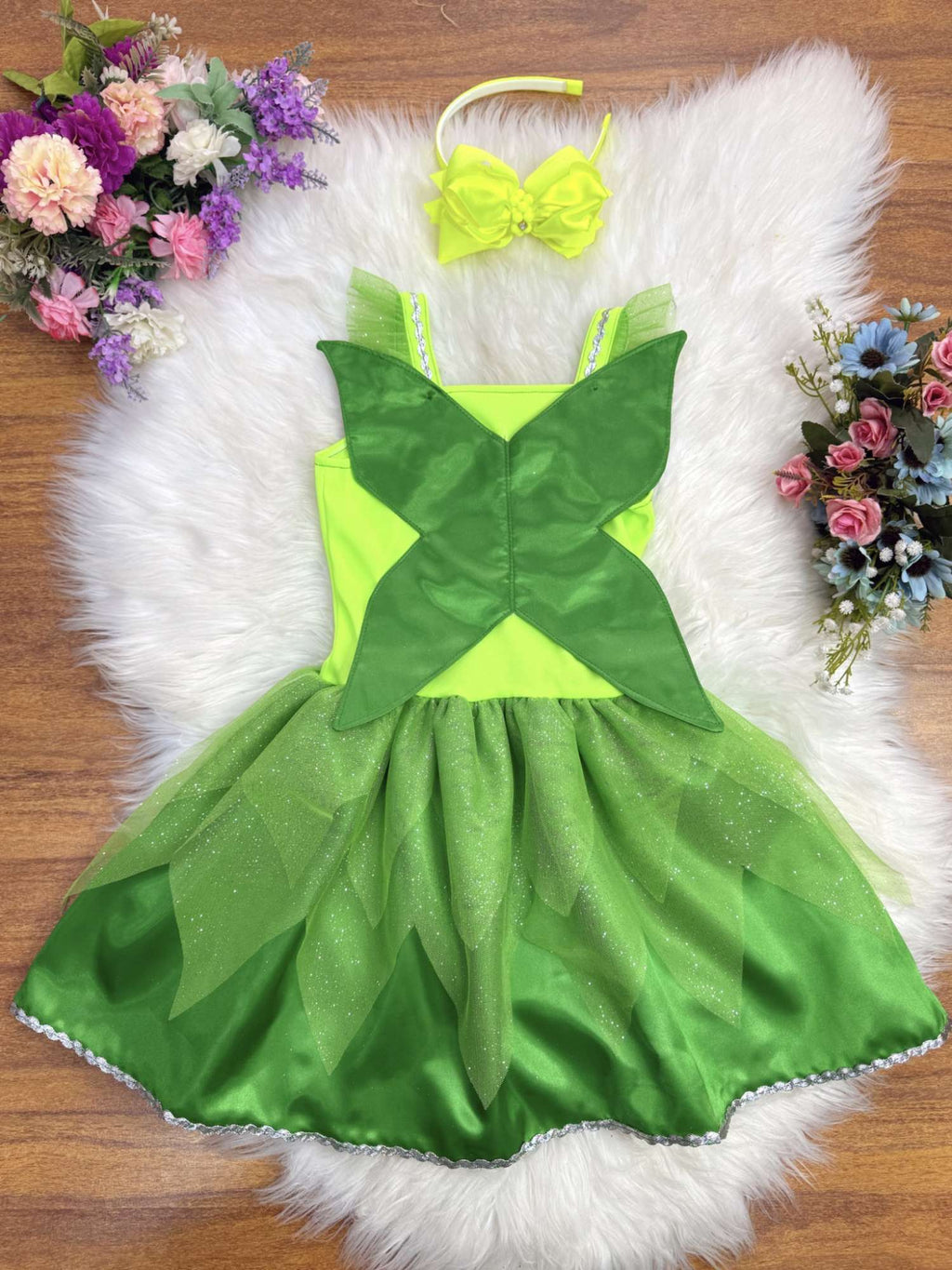 Fantasia Fada Verde Infantil em Cetim com Tule Brilho para Festas