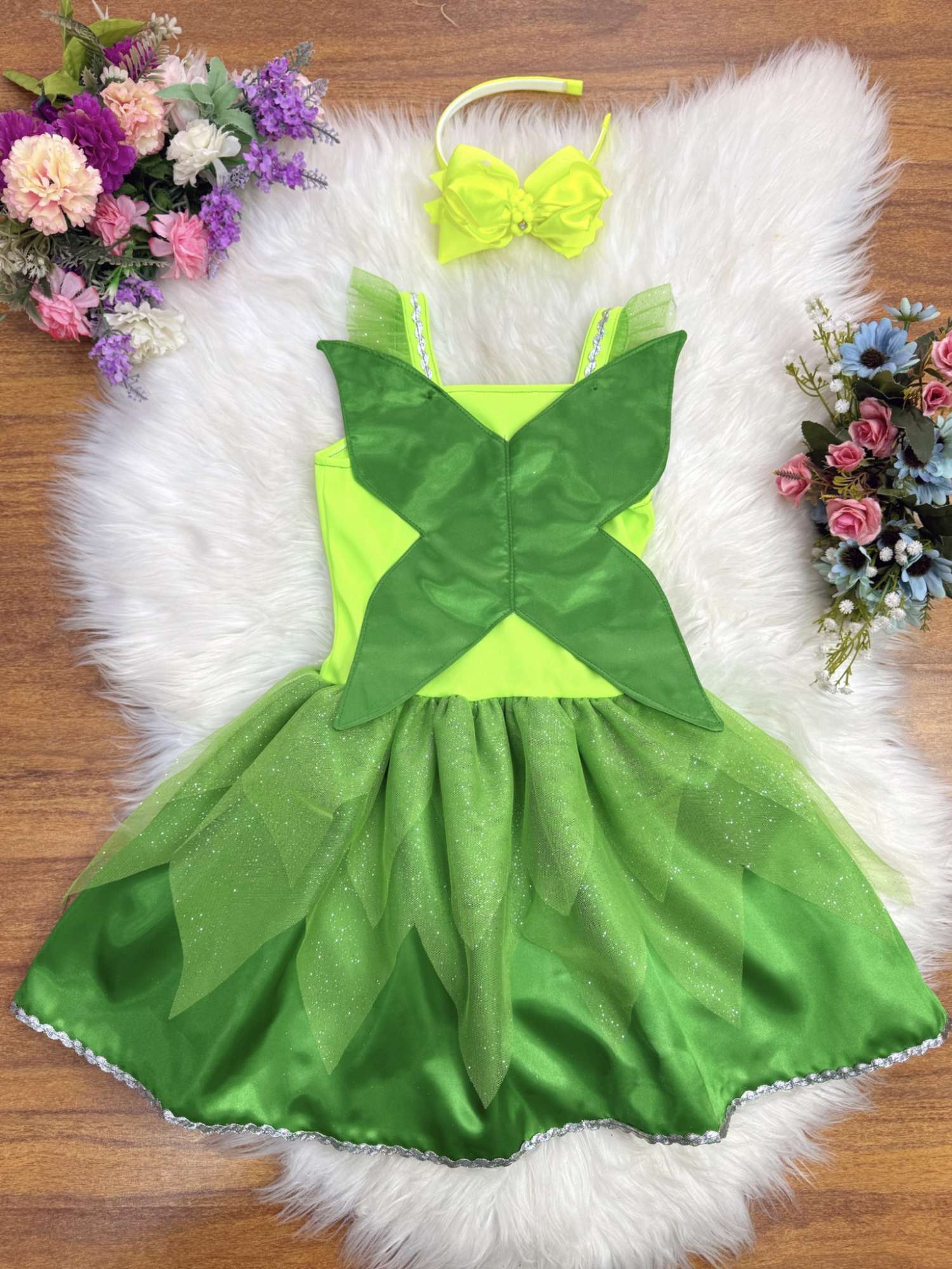 Fantasia Fada Verde Infantil em Cetim com Tule Brilho para Festas
