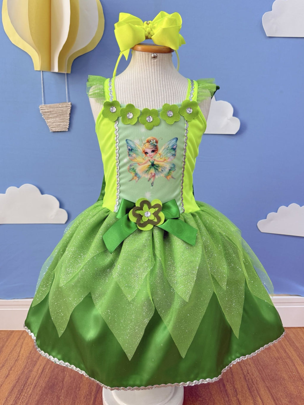 Fantasia Fada Verde Infantil em Cetim com Tule Brilho para Festas