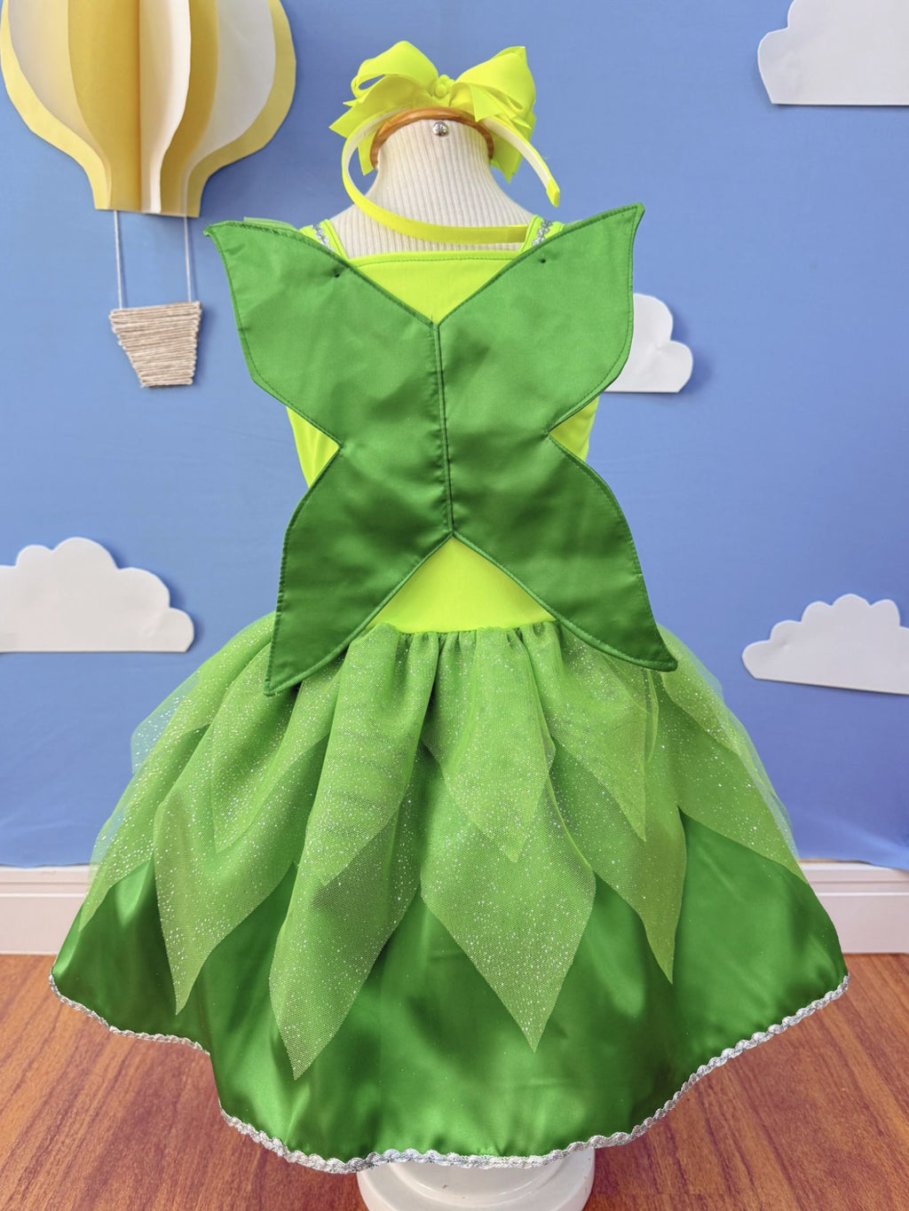 Fantasia Fada Verde Infantil em Cetim com Tule Brilho para Festas
