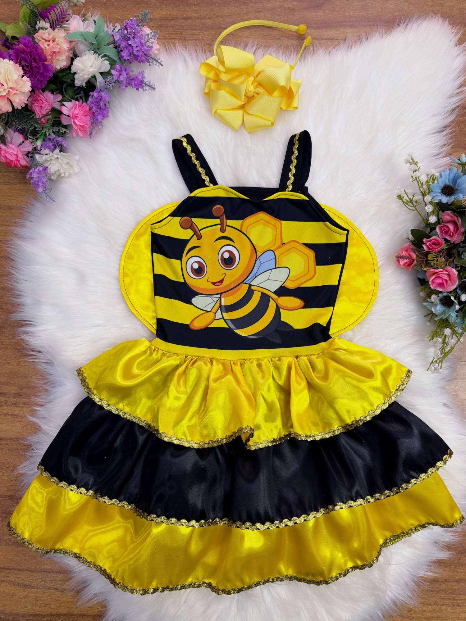 Fantasia Infantil Abelhinha Amarelo e Preto com Detalhes Dourados