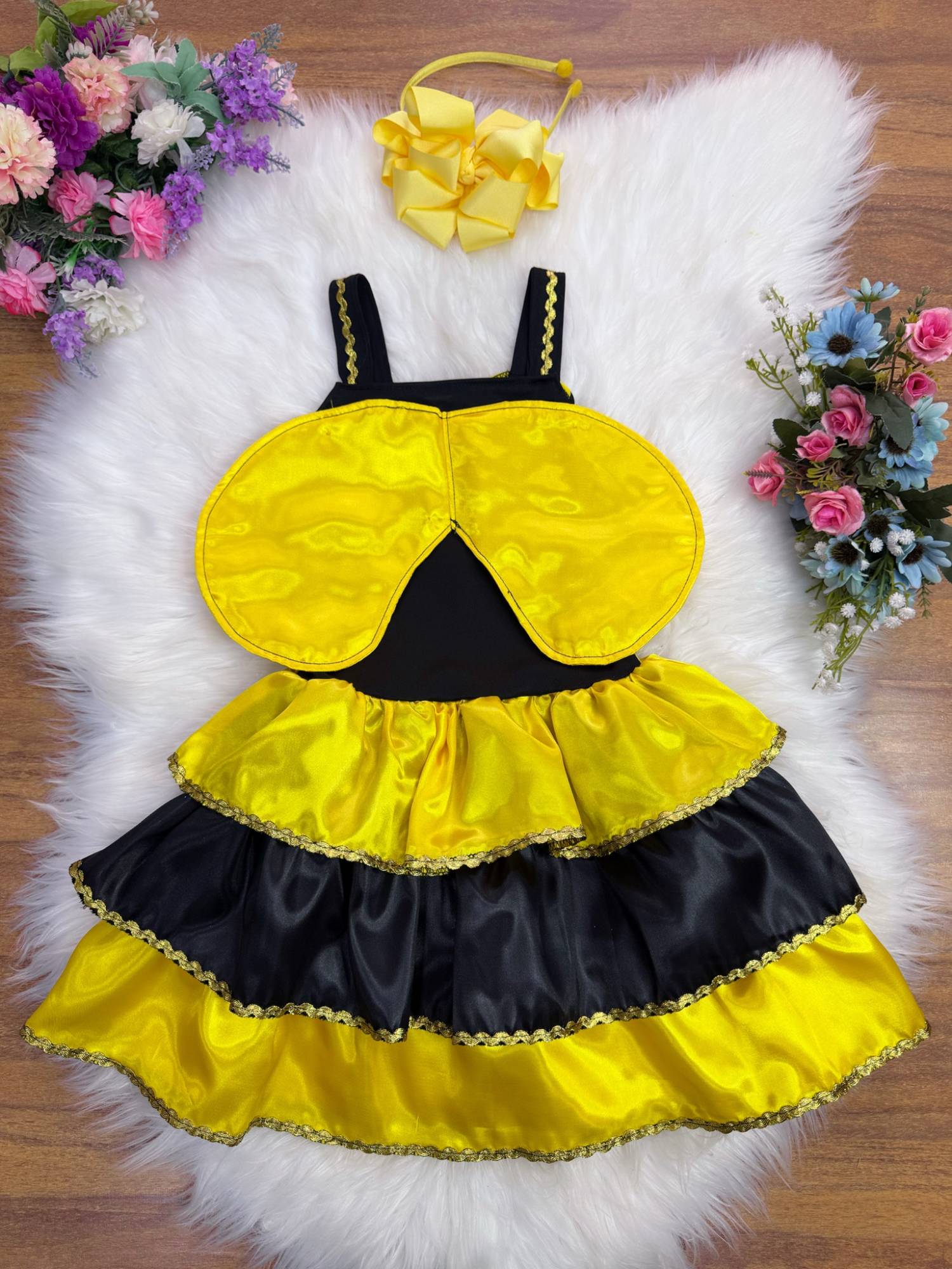 Fantasia Infantil Abelhinha Amarelo e Preto com Detalhes Dourados