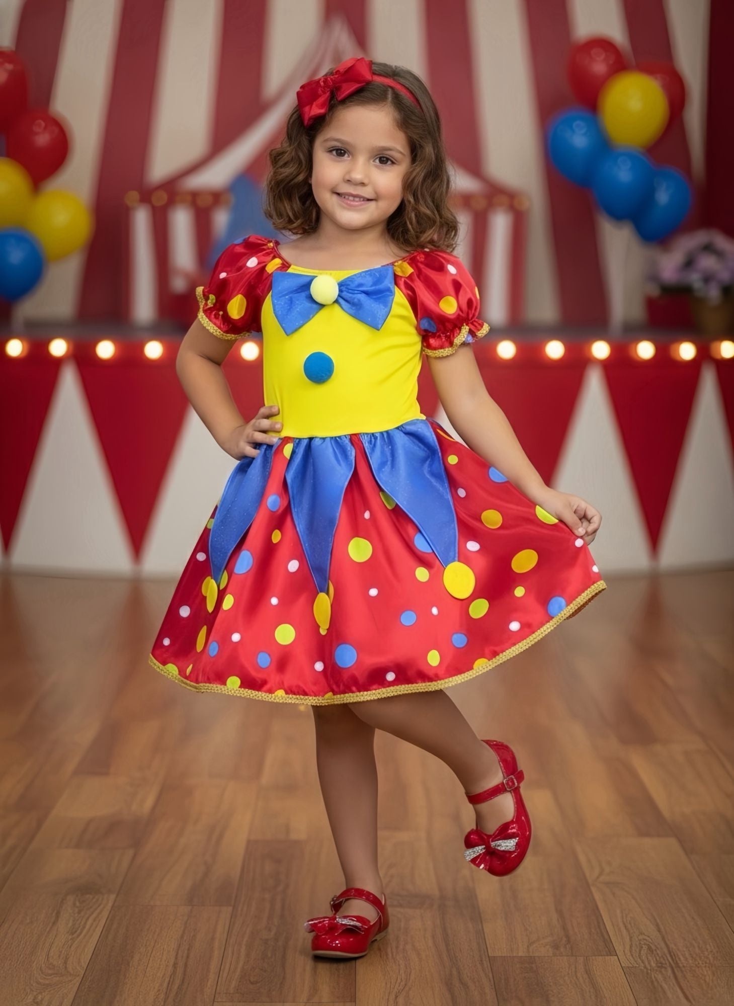 Fantasia Infantil Colorida de Palhacinha com Brilho e Pompons