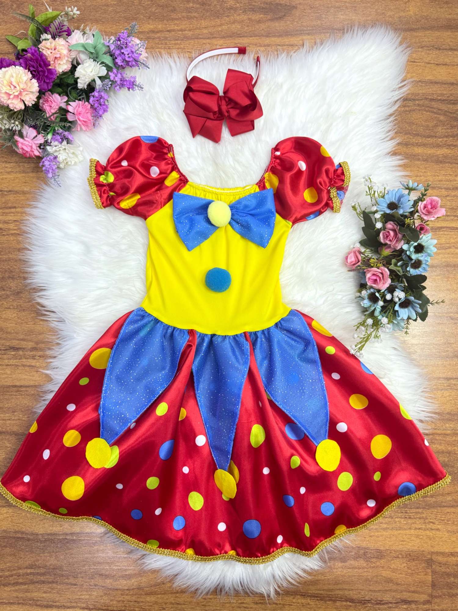 Fantasia Infantil Colorida de Palhacinha com Brilho e Pompons