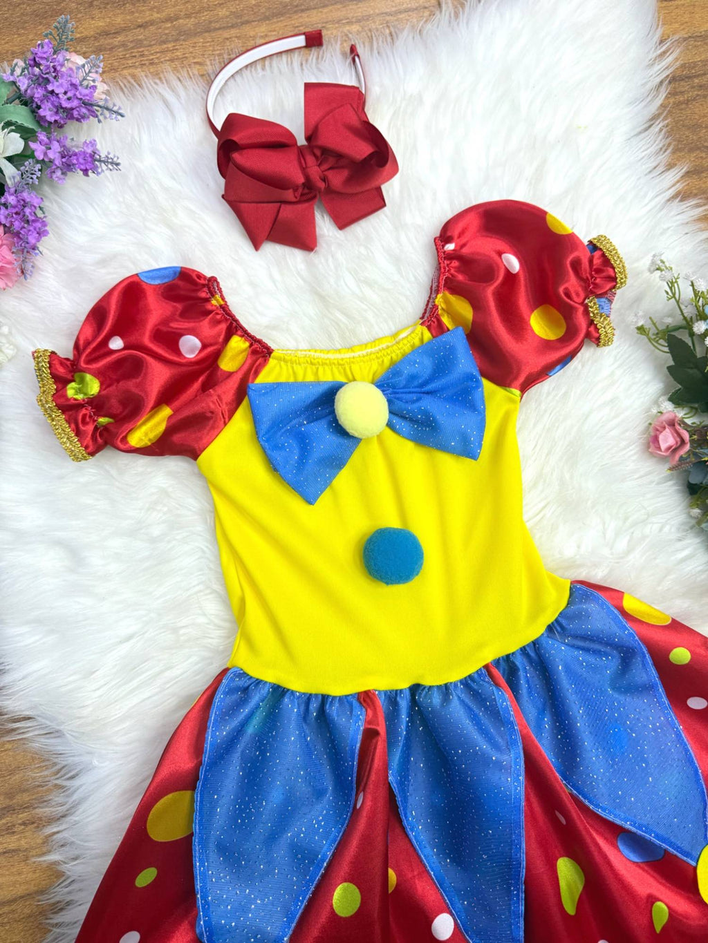 Fantasia Infantil Colorida de Palhacinha com Brilho e Pompons