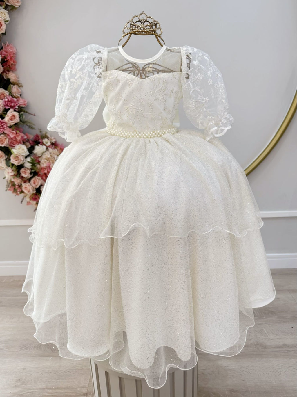 Vestido Infantil Off White Com Busto Bordado E Pérolas Para Daminhas De Festas