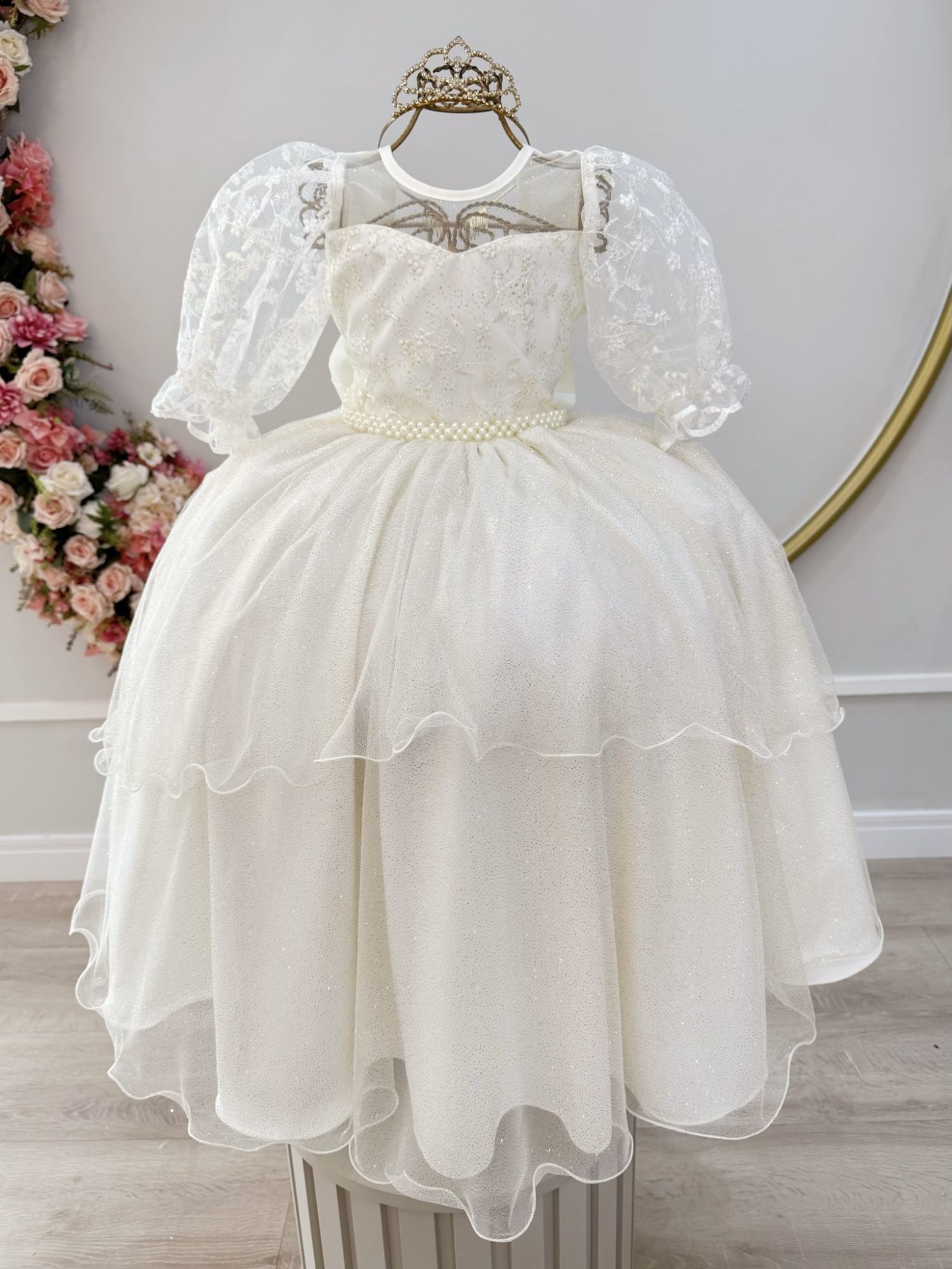 Vestido Infantil Off White Com Busto Bordado E Pérolas Para Daminhas De Festas