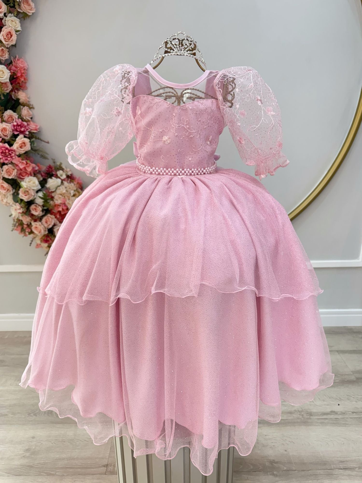 Vestido Infantil Rosa com Busto Bordado e Renda para Daminhas de Festas