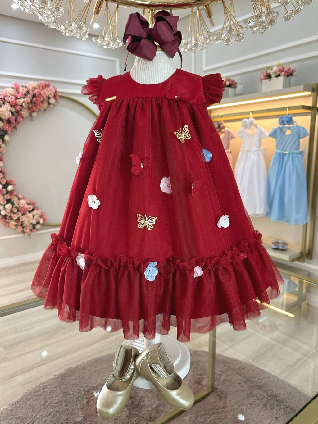 Vestido Infantil Luxo Marsala Jardim Encantado