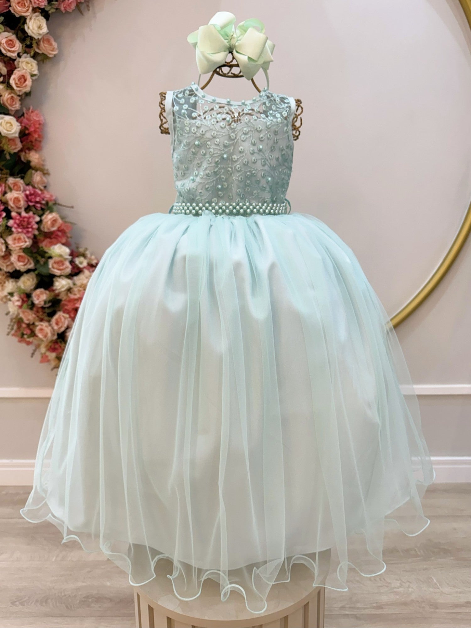 Vestido Infantil Longo Verde Menta com Renda e Pérolas para Festas
