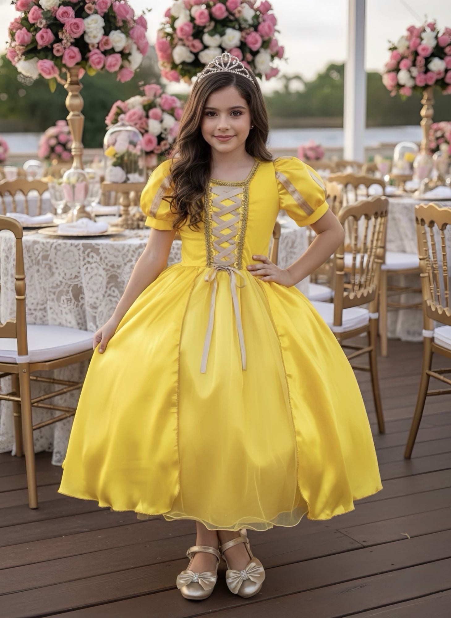 Fantasia Infantil Princesa em Cetim Amarelo com Saia Rodada