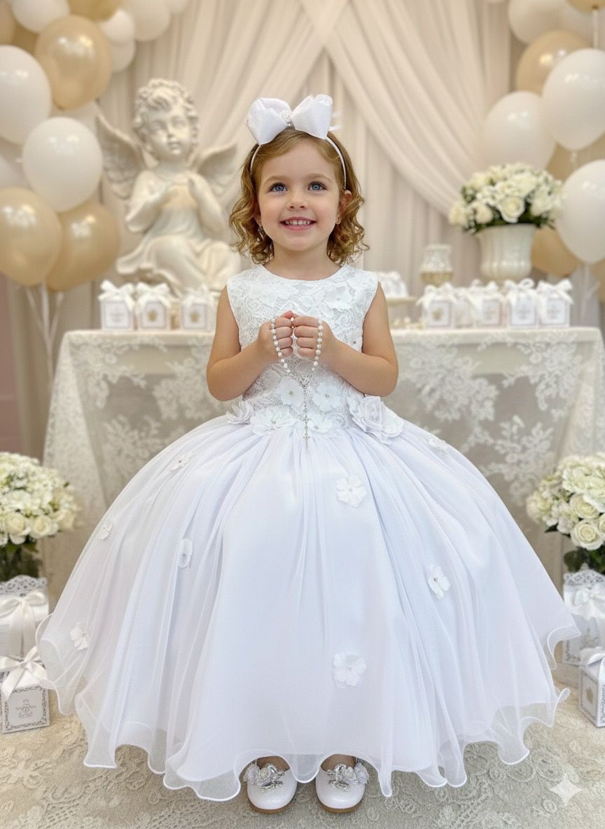 Vestido Infantil Branco em Tecido de Poliéster com Estampa de Flores
