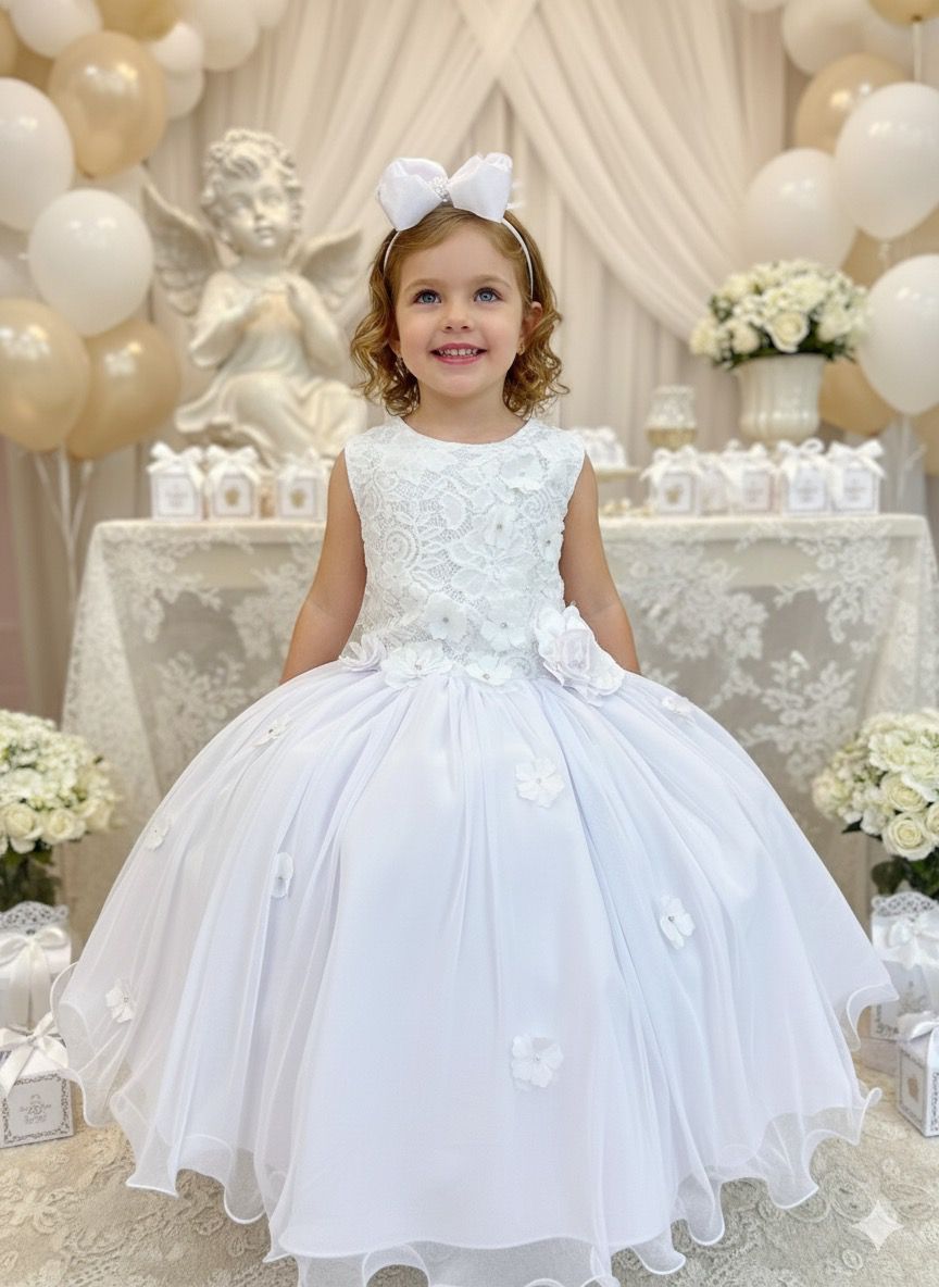 Vestido Infantil Branco em Tecido de Poliéster com Estampa de Flores