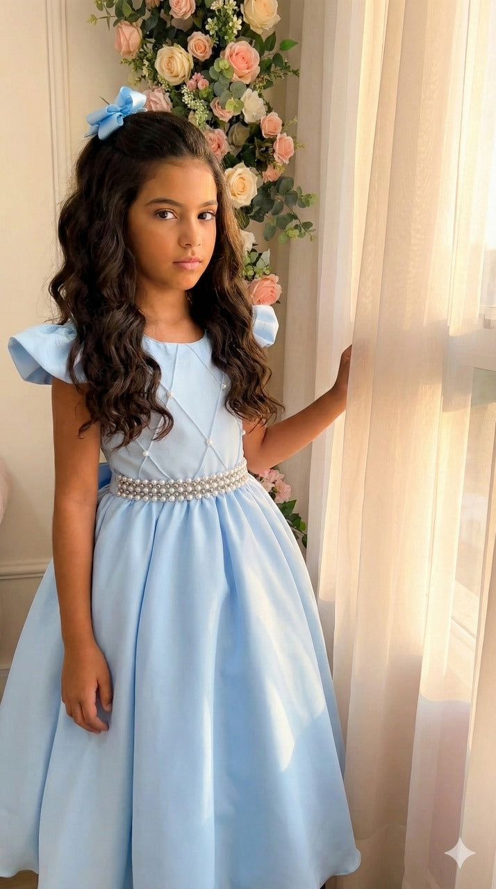 Vestido Longo Azul Bebê em Tecido de Poliéster com Babado de Tule