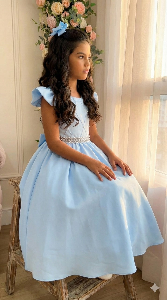 Vestido Longo Azul Bebê em Tecido de Poliéster com Babado de Tule