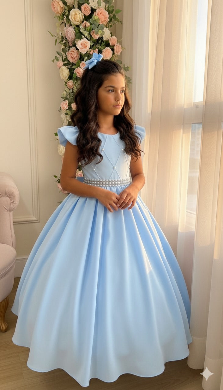 Vestido Longo Azul Bebê em Tecido de Poliéster com Babado de Tule