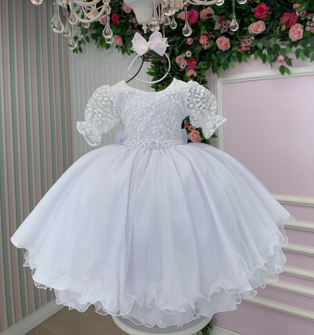 Vestido Infantil Branco em Tecido Misto com Laço
