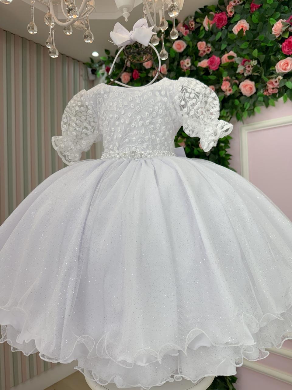 Vestido Infantil Branco em Tecido Misto com Laço