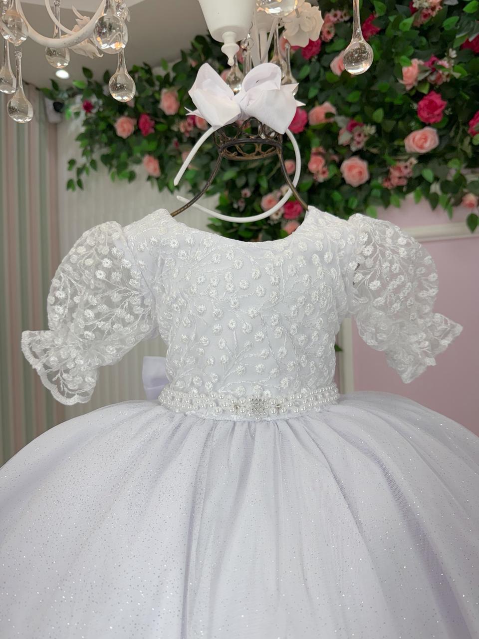 Vestido Infantil Branco em Tecido Misto com Laço