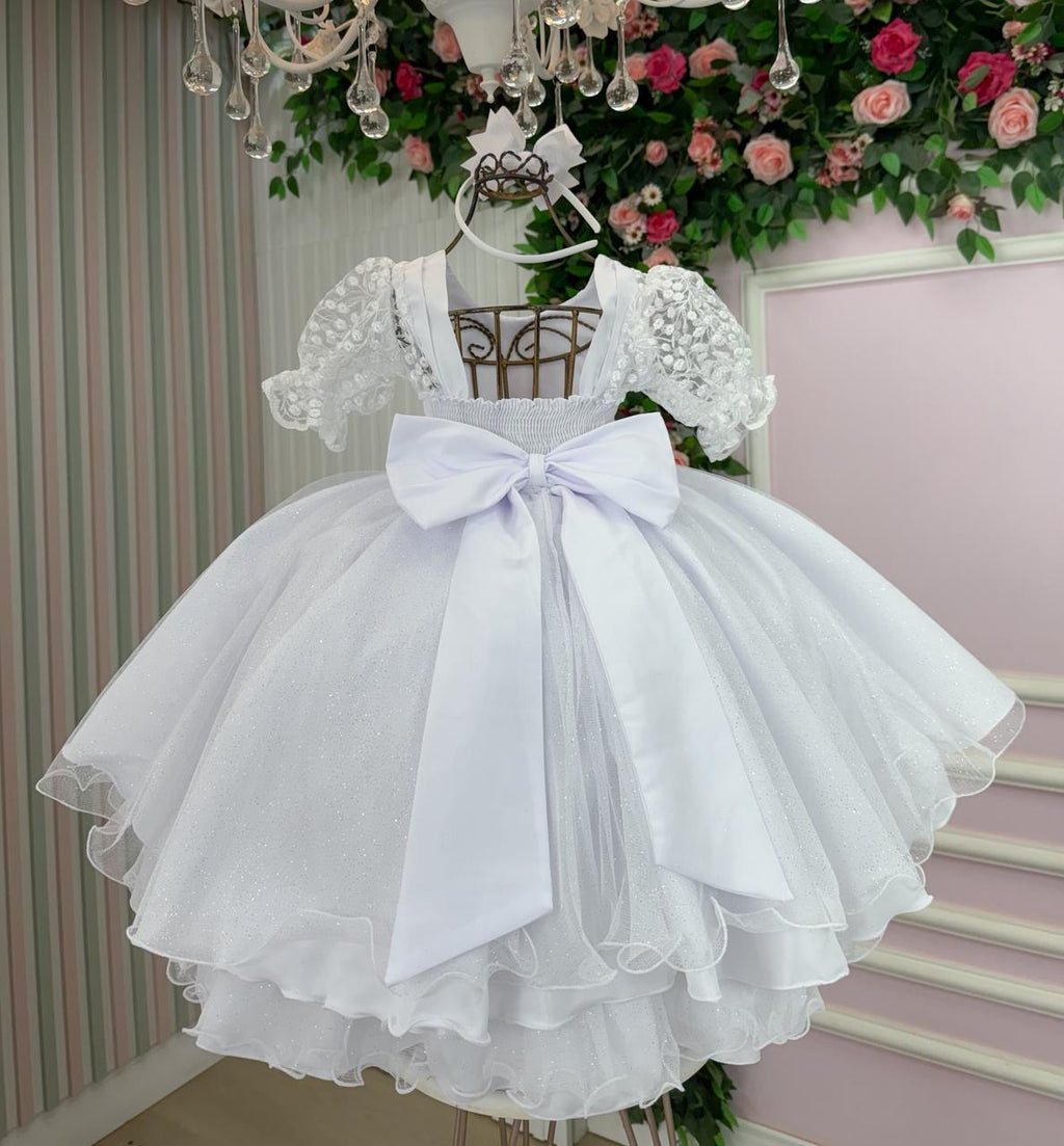 Vestido Infantil Branco em Tecido Misto com Laço