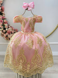 Vestido Infantil Rosa com Renda Dourada e Detalhes em Pérolas