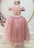 Vestido Longo Infantil em Rosa com Renda e Pérolas para Festas